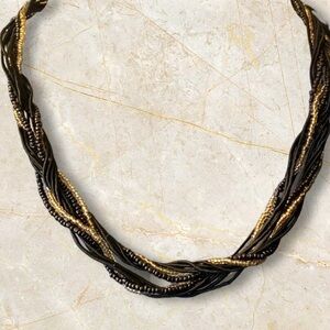 Beaded Multi-strand Necklace, Gold and black, Vintage